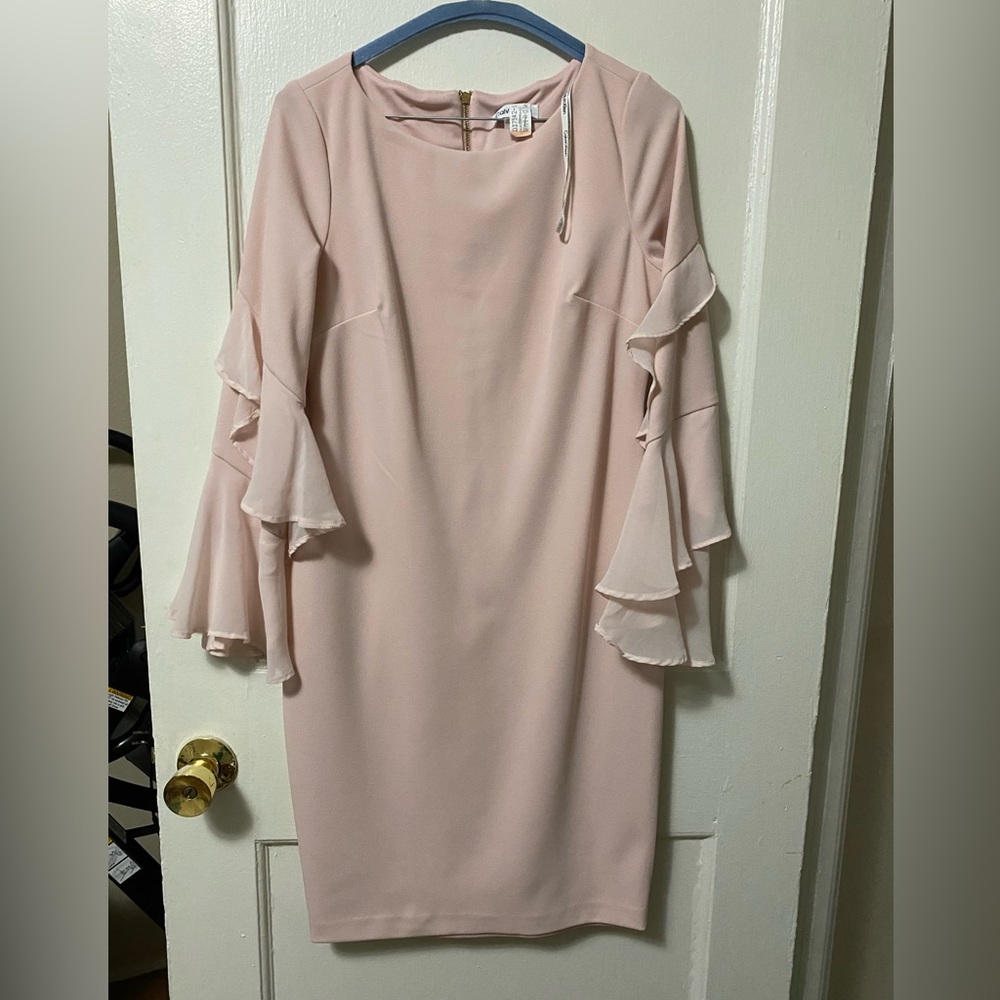 Calvin Klein Women’s Long Ruffle Sleeve Fitted Cocktail Sheath Dress